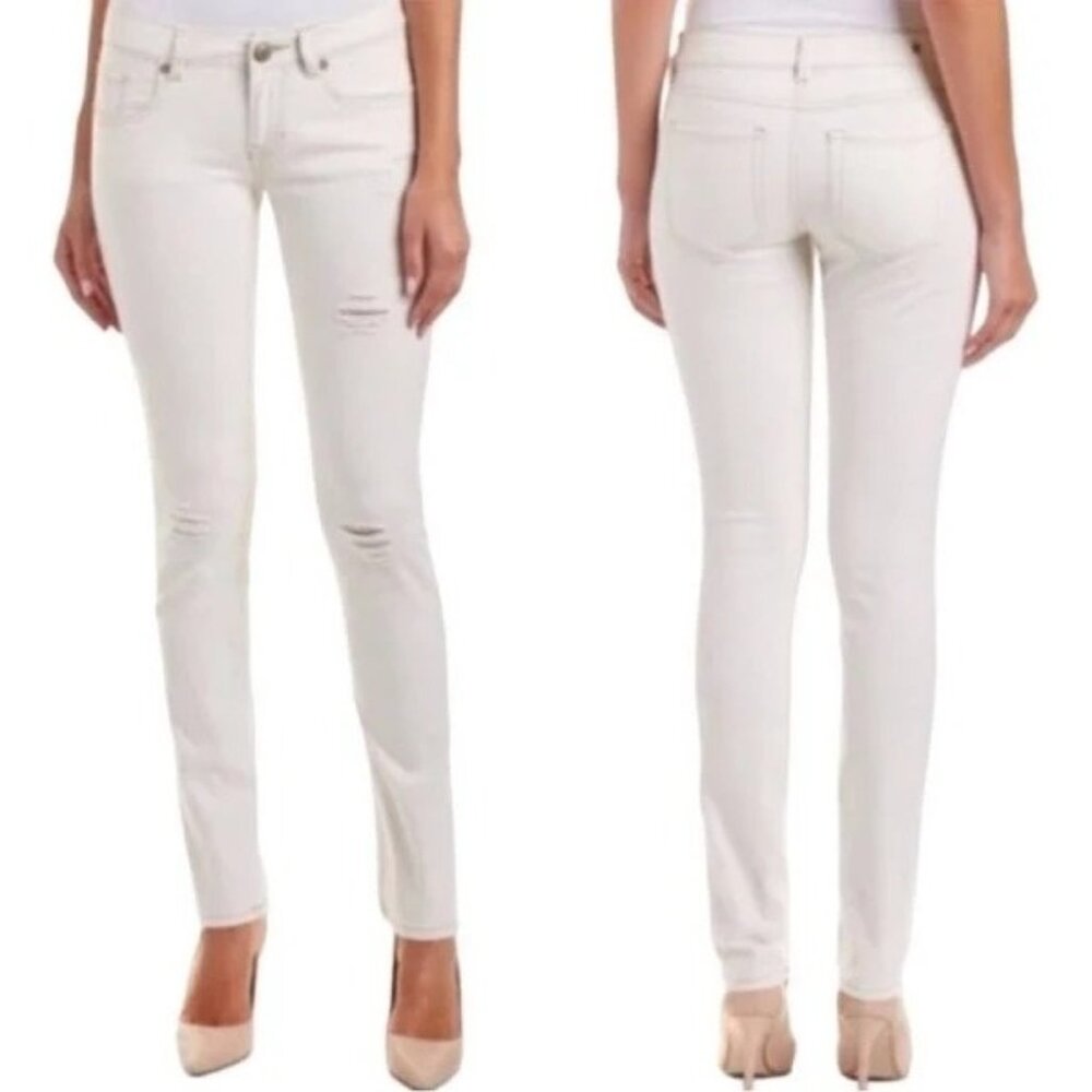 CAbi Style #5089 Antique White Distressed Slim Boyfriend Jeans Size 2